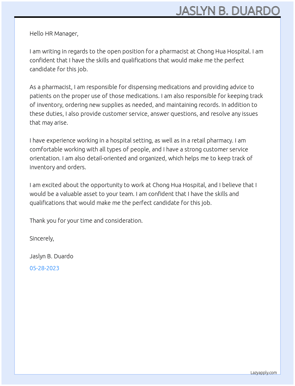 Pharmacist  At Chong Hua Hospital  Cover Letter