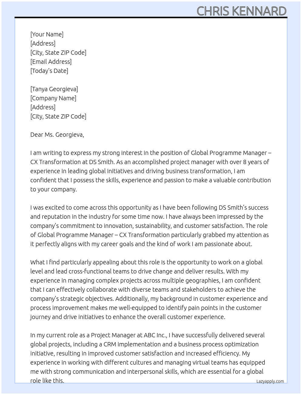 Global Programme Manager - CX Transformation At DS Smith Cover Letter