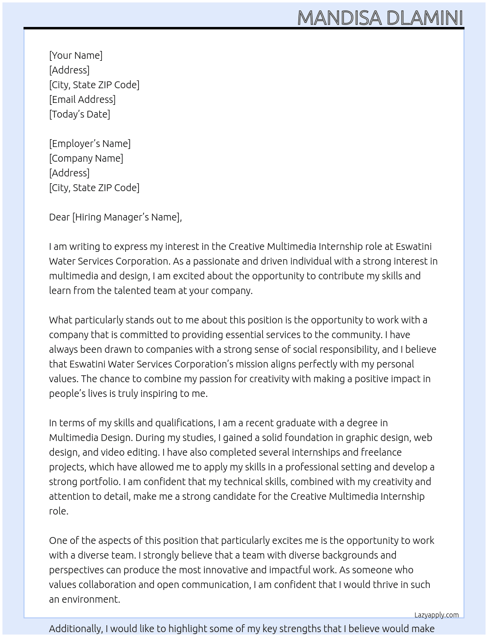 Creative Multimedia  At Eswatini water services coparation Cover Letter