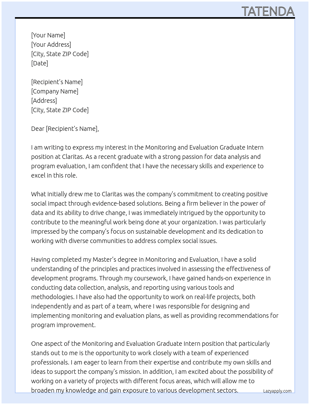 Monitoring and evaluation graduate intern  At Claritas Cover Letter