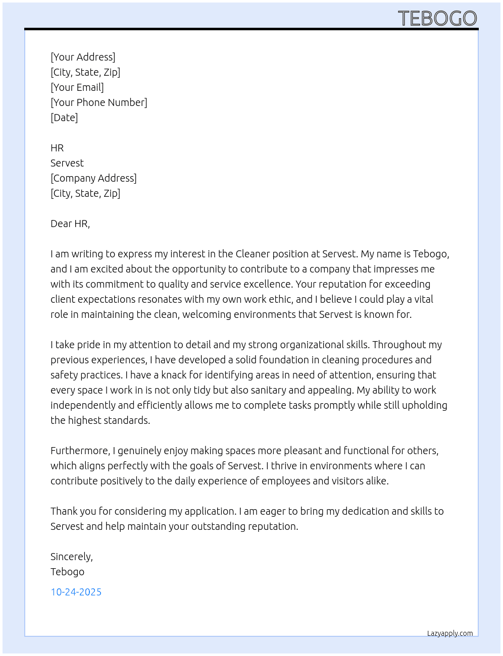 cleaner At servest Cover Letter