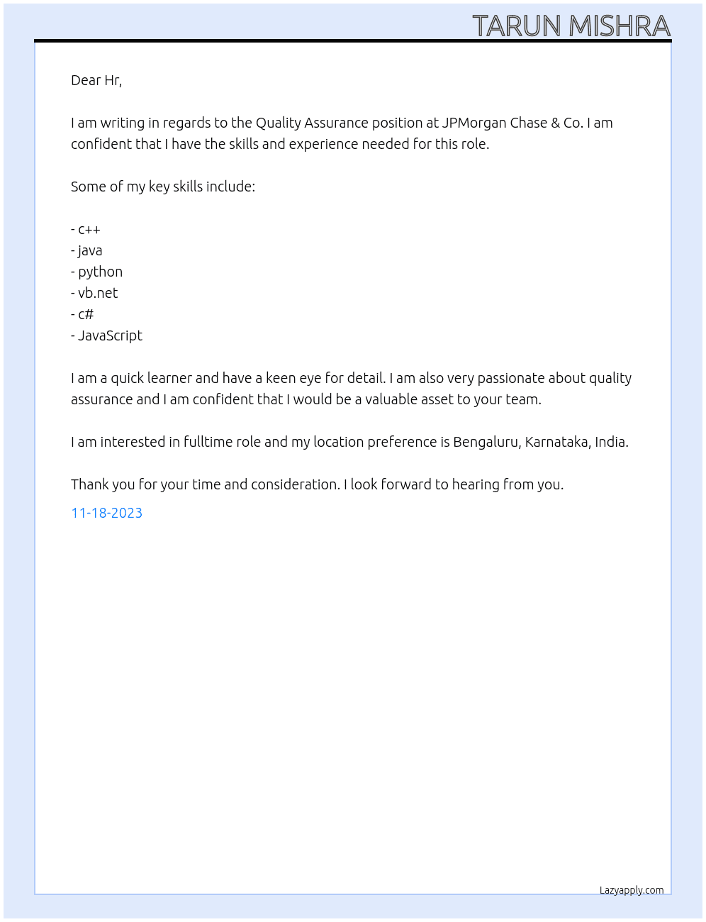 Quality Assurance At JPMorgan Chase & Co. Cover Letter