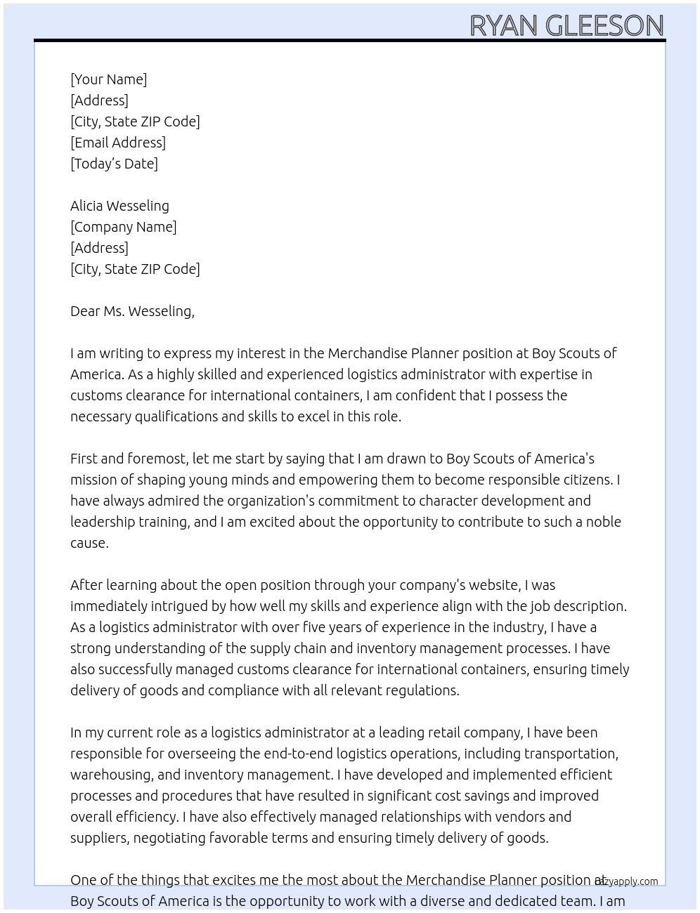 Merchandise Planner At Boy Scouts of America Cover Letter