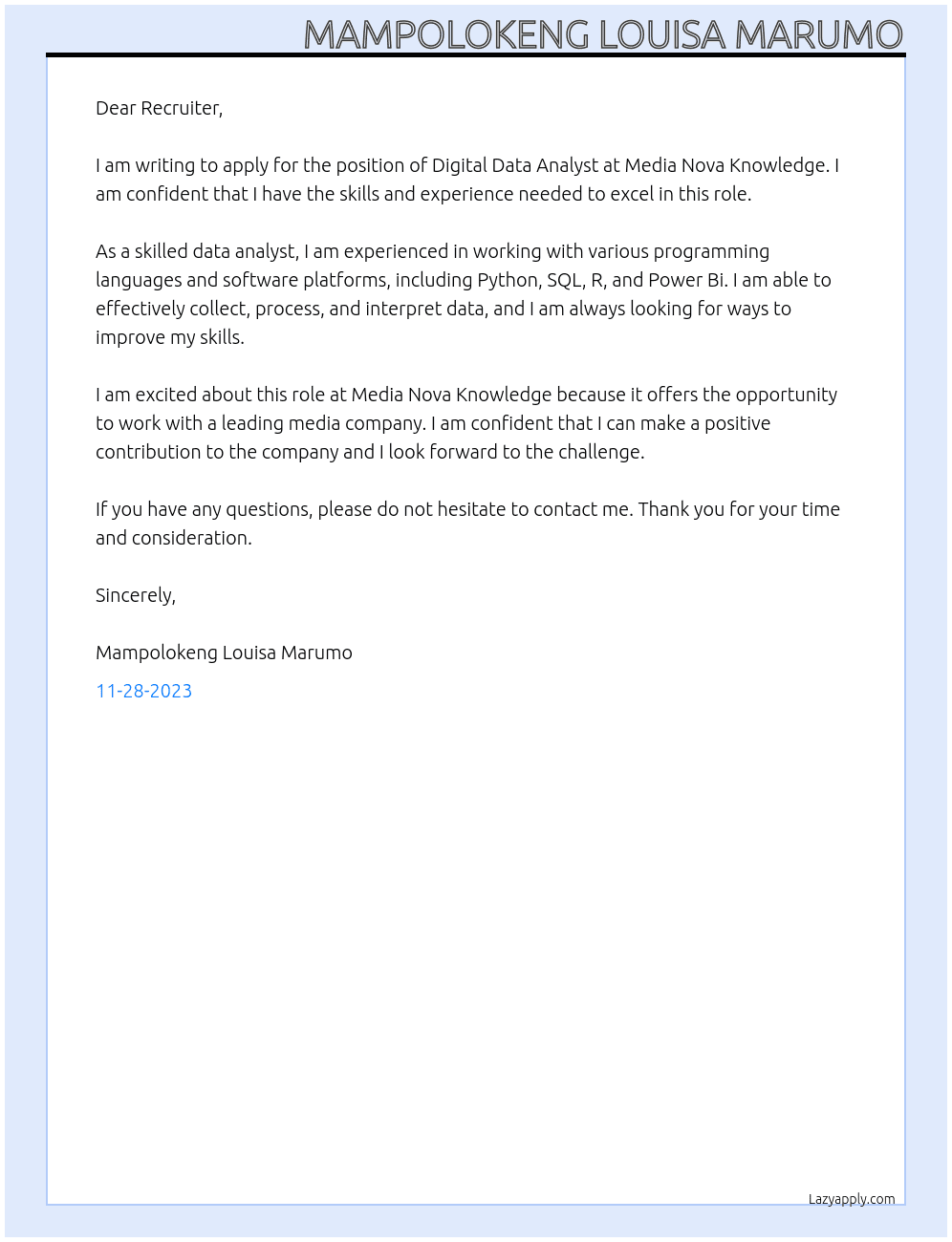 Digital Data Analyst At Media Nova Knowledge Cover Letter