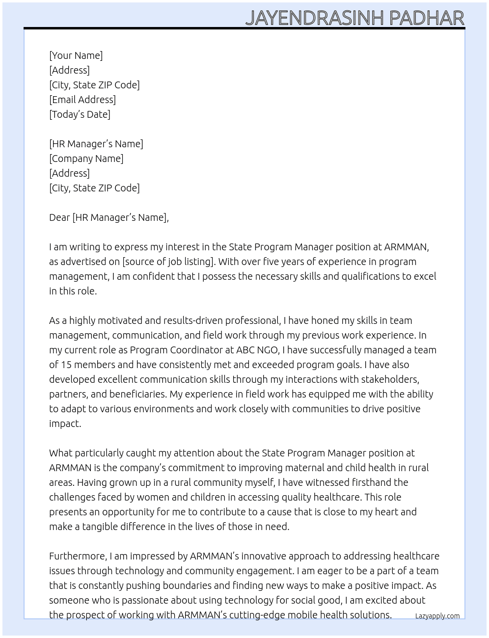 State program manager  At ARMMAN Cover Letter