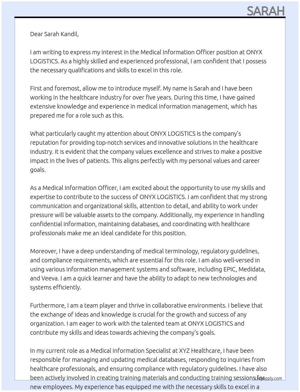 medical information offcier  At ONYX LOGISTICS Cover Letter