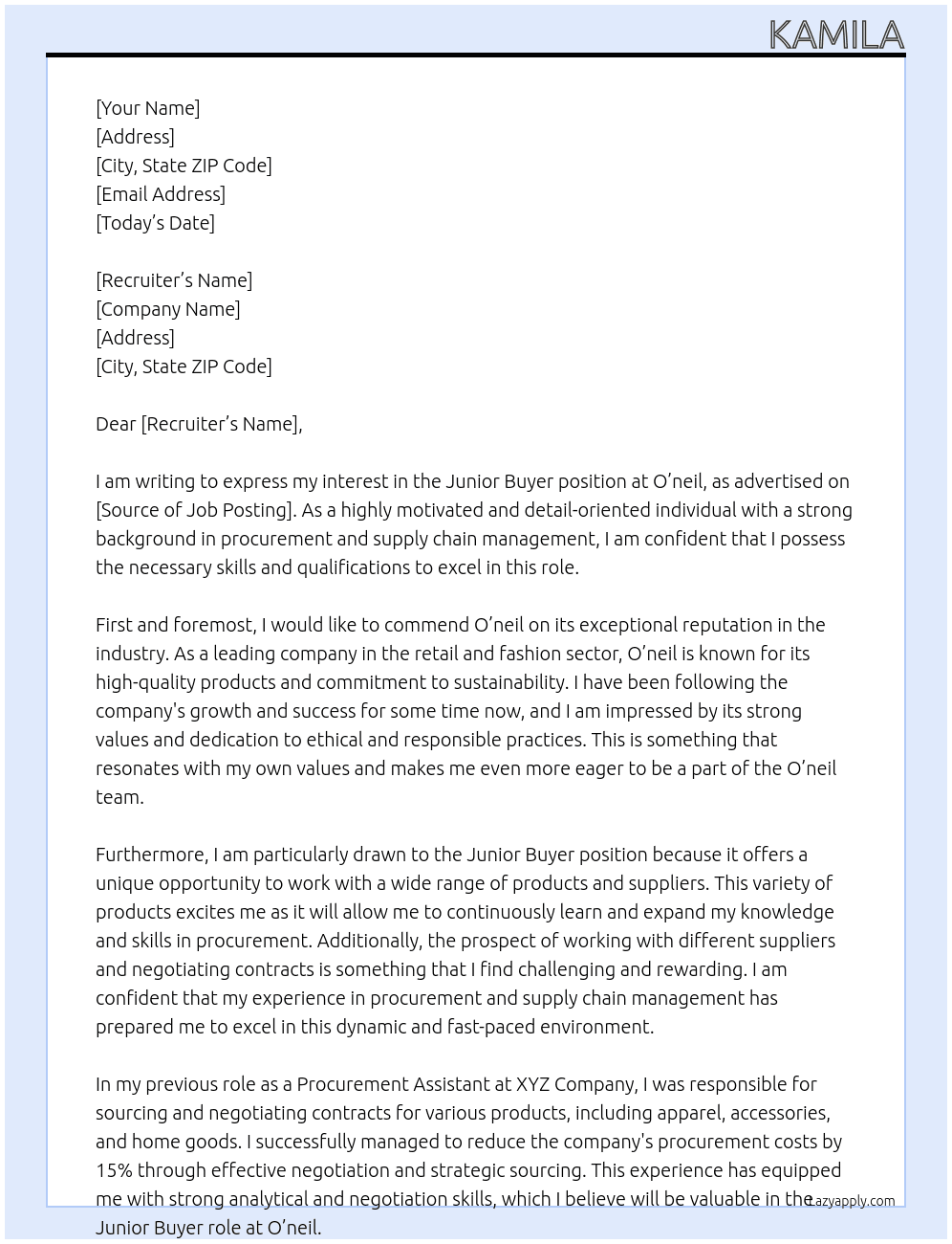 Junior Buyer At O'neil Cover Letter
