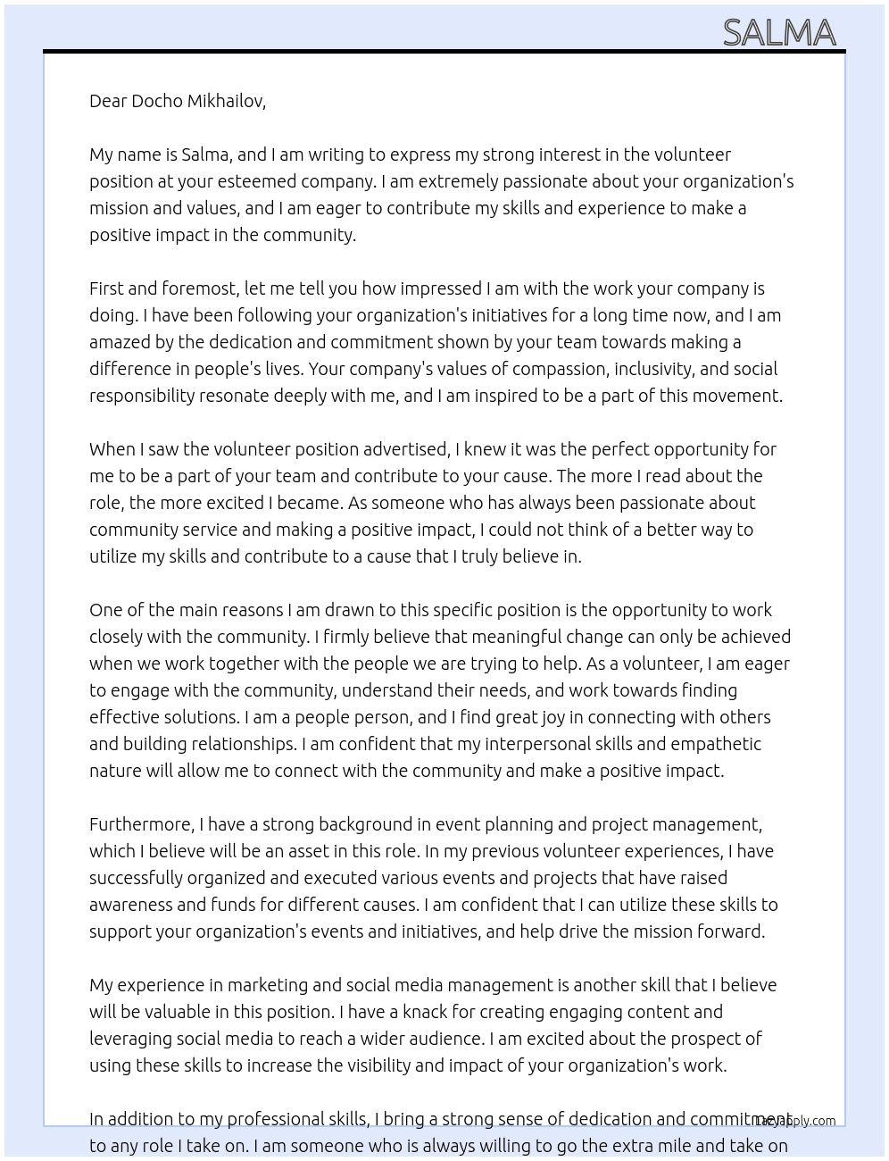 volunteer At Docho Mikhailov Cover Letter