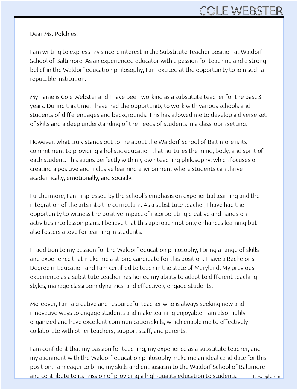 Substitute Teacher At Waldorf School of Baltimore Cover Letter