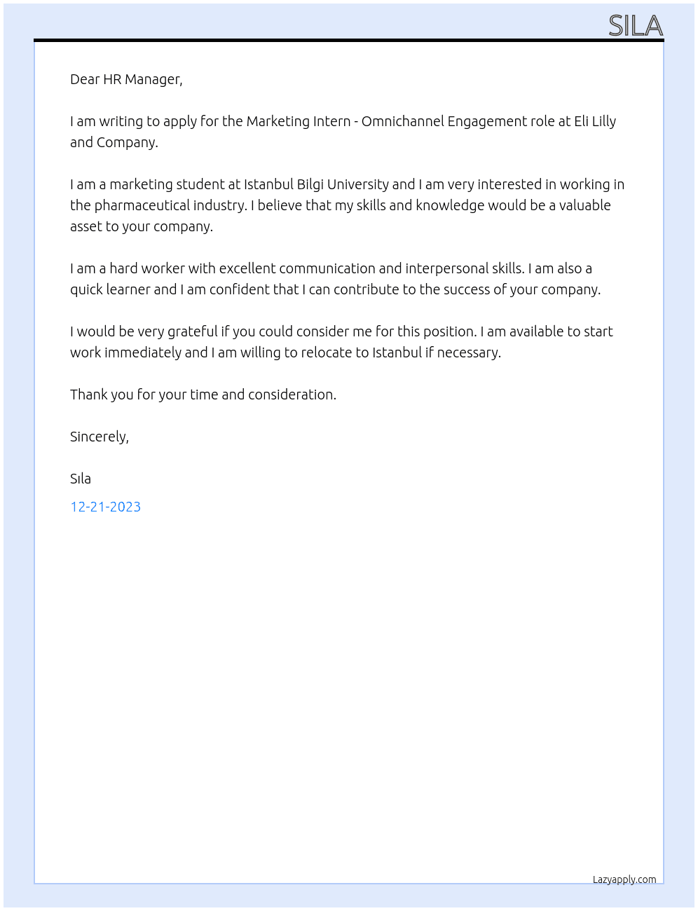 Marketing Intern - Omnichannel Engagement At Eli Lilly and Company Cover Letter