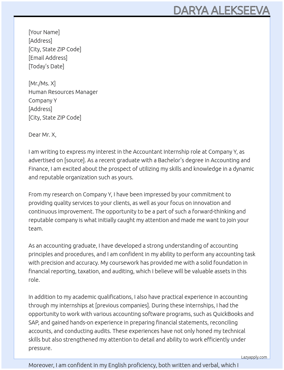 accoutant At Company Y Cover Letter