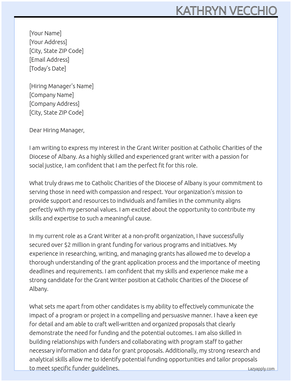 Grant Writer At Catholic Charities of the Diocese of Albany Cover Letter
