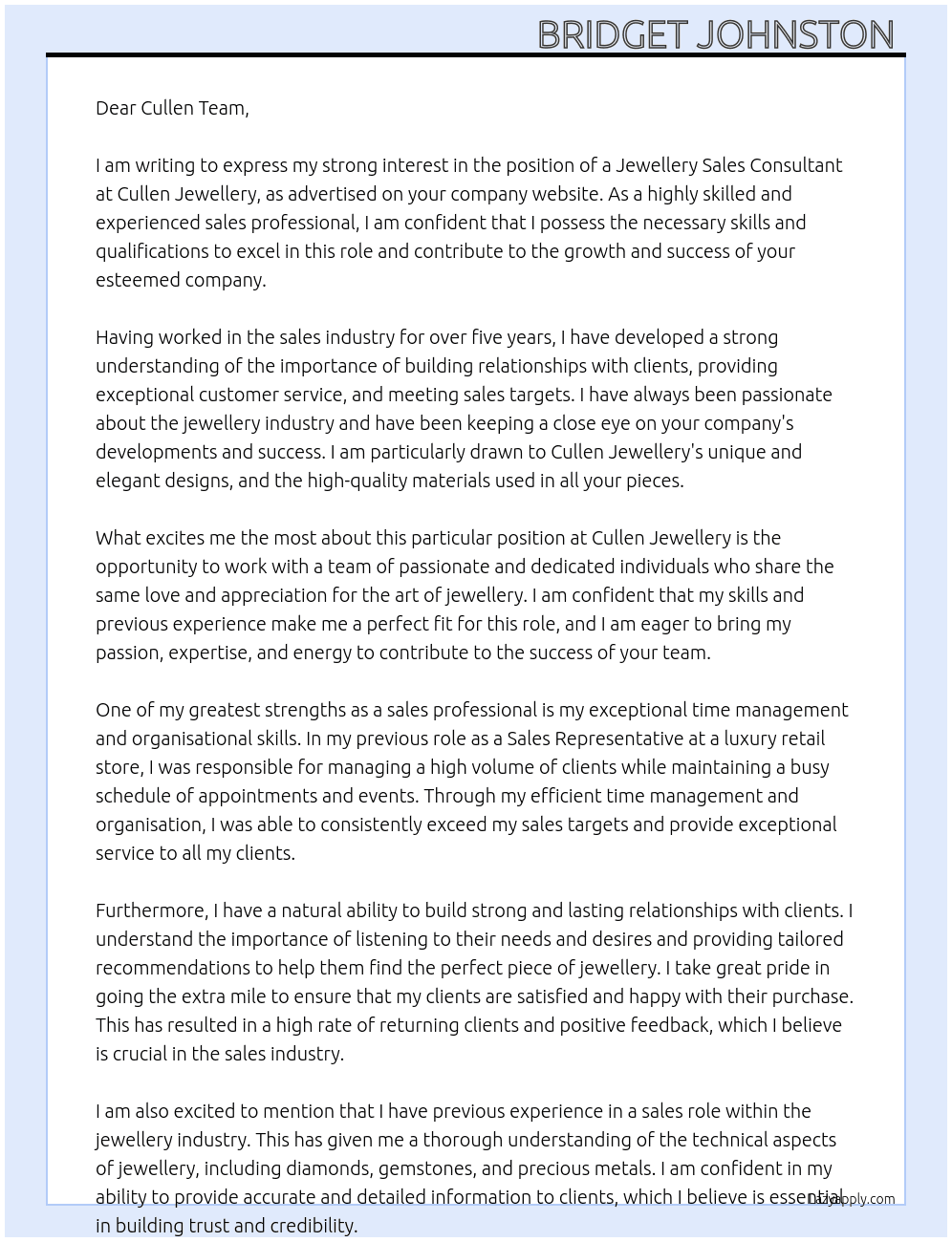 Jewellery Sales Consultant  At Cullen Jewellery  Cover Letter