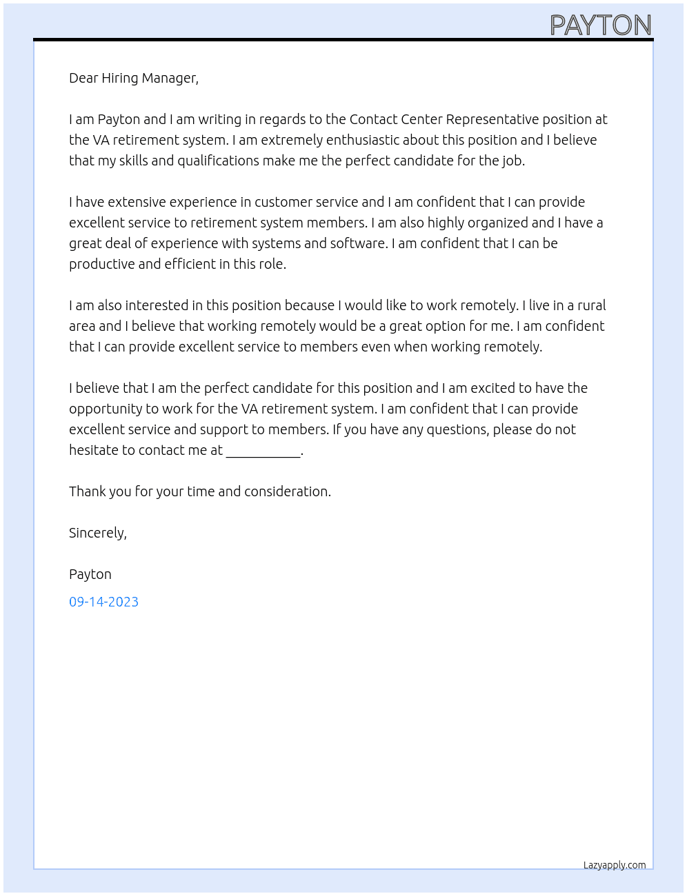 Contact Center Representative At VA retirement system Cover Letter