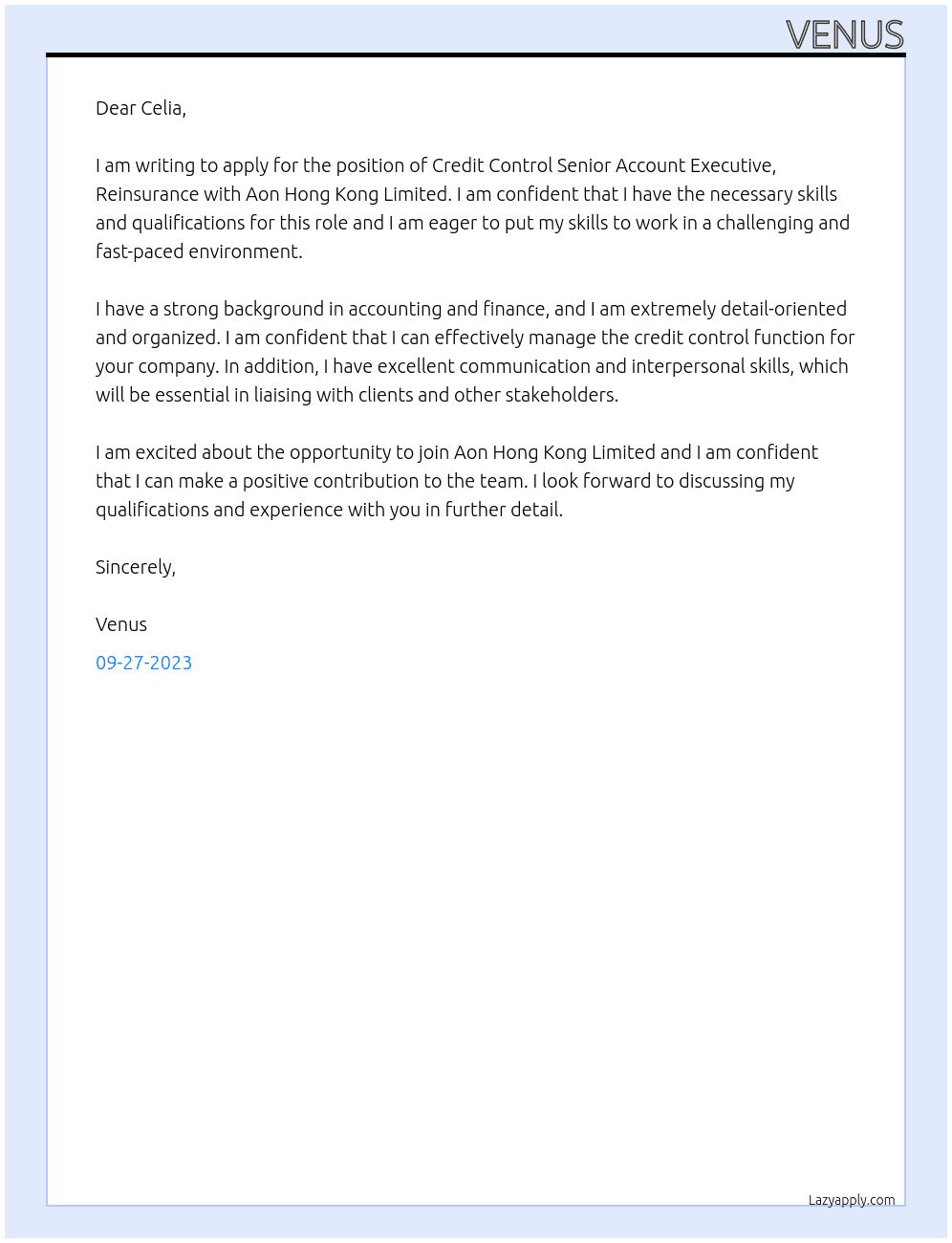 Credit Control Senior Account Executive, Reinsurance At Aon Hong Kong Limited Cover Letter