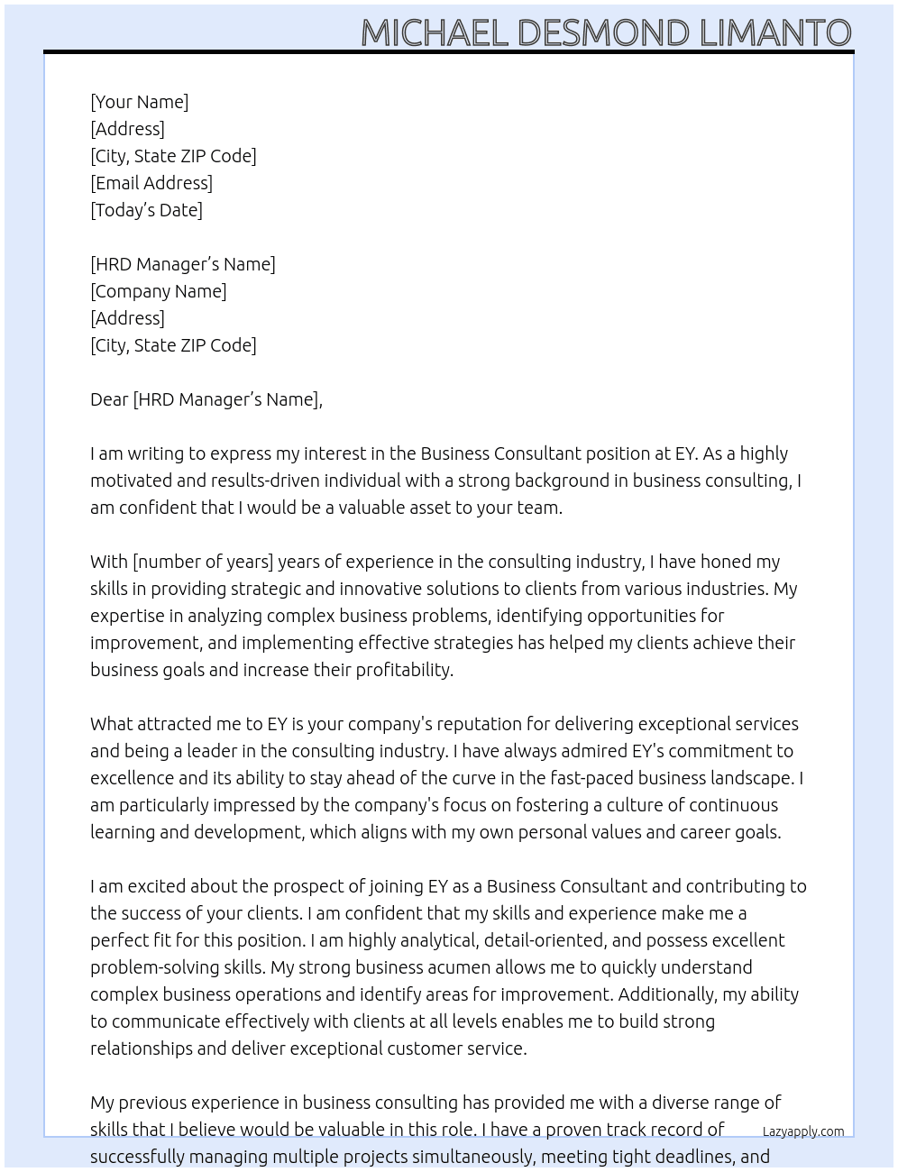 Business Consultant At EY Cover Letter