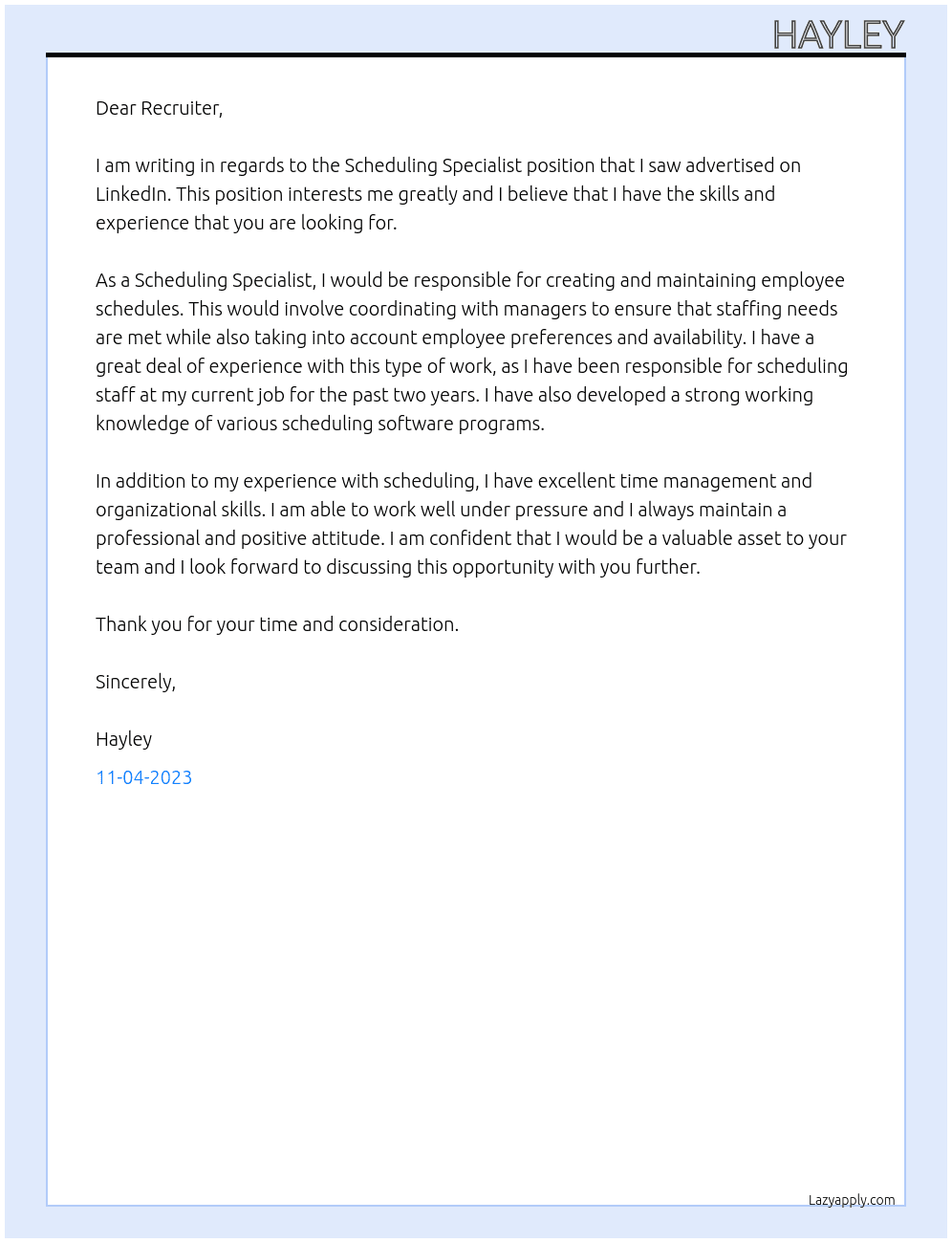 Scheduling Specialist  At linkedin Cover Letter