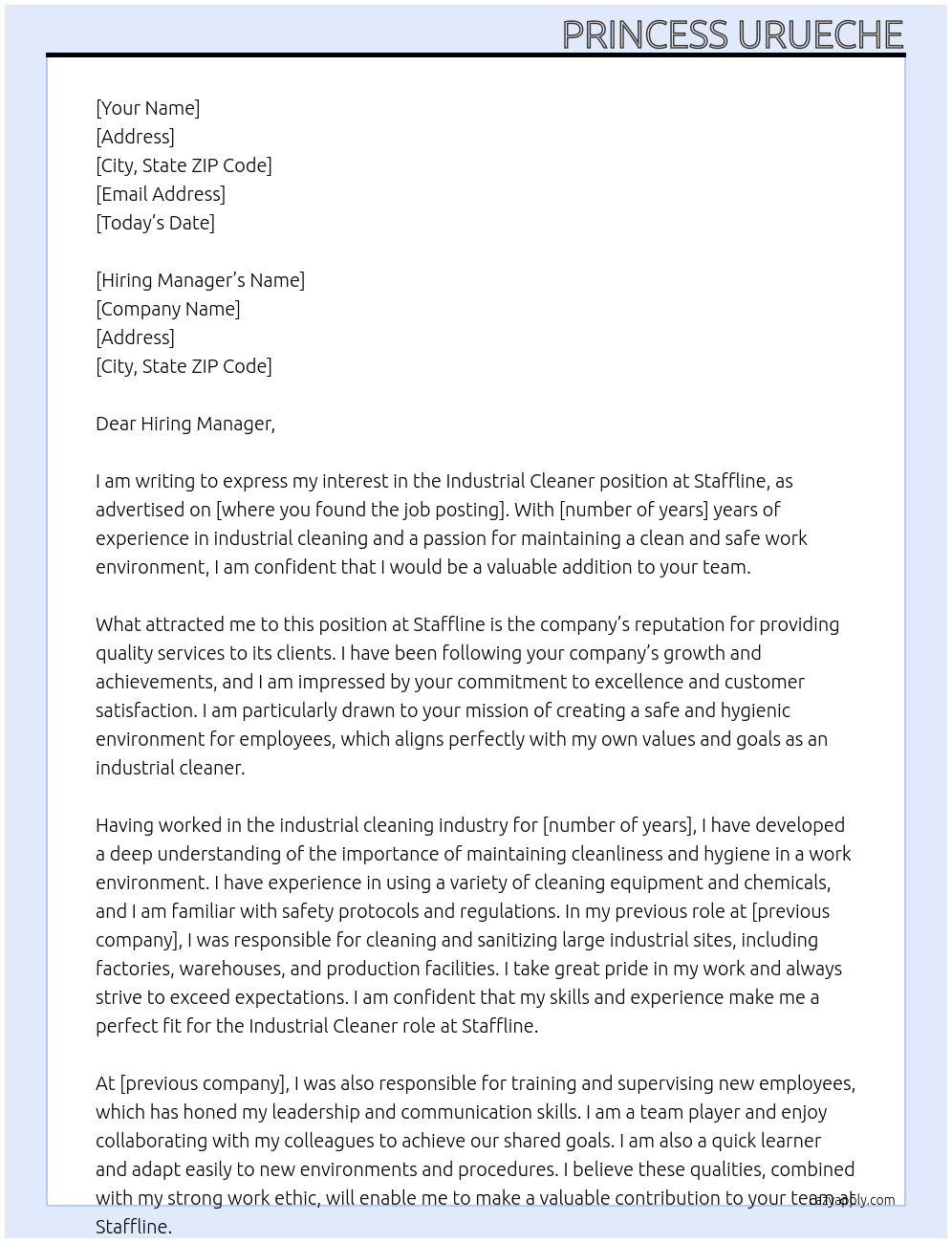Industrial Cleaner At Staffline Cover Letter