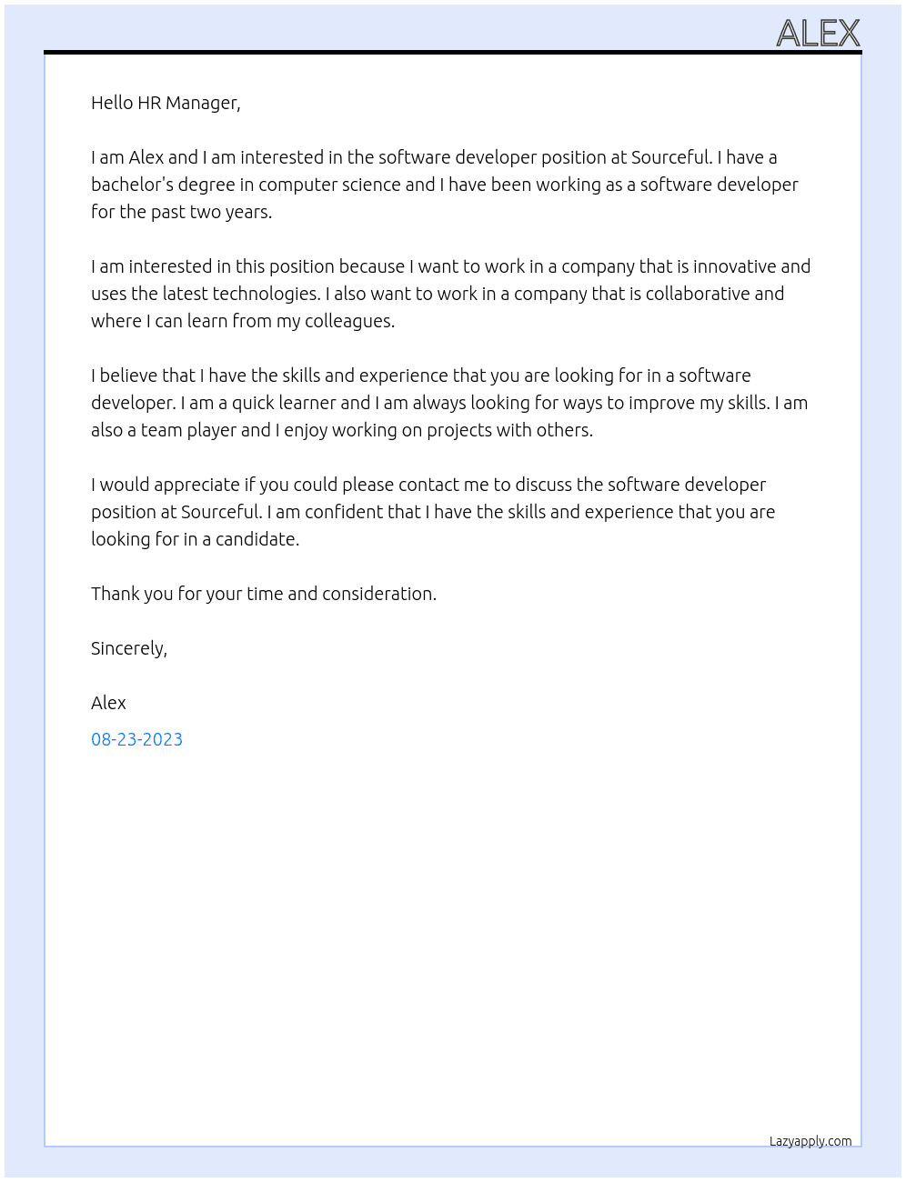 software developer At Sourceful Cover Letter