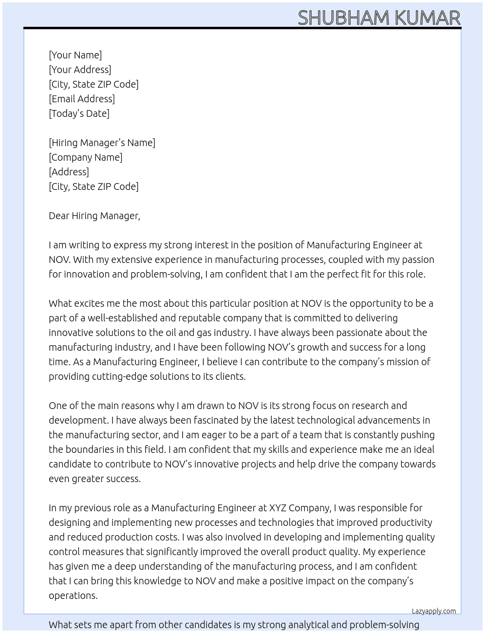Manufacturing Engineer  At NOV Cover Letter