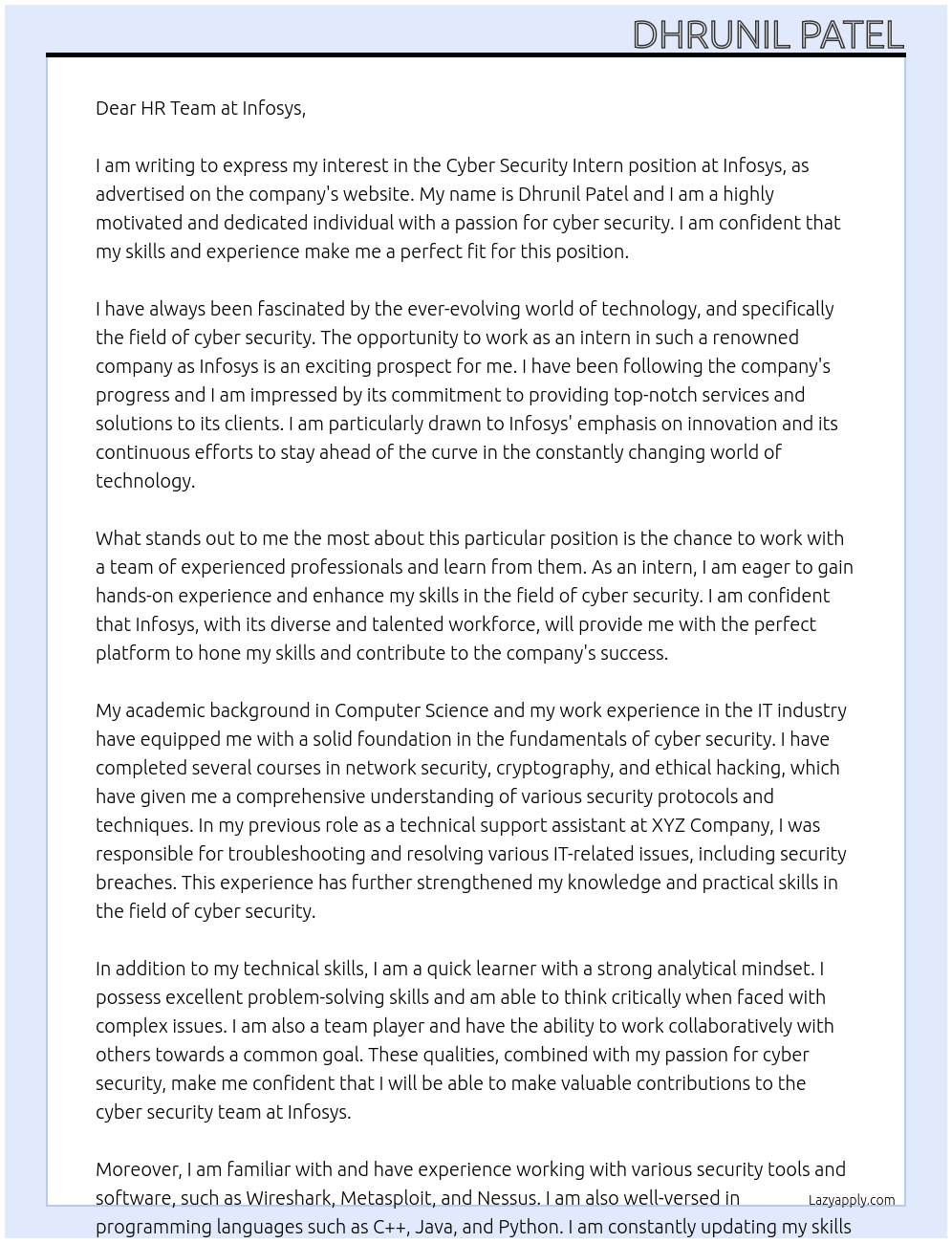 cyber security intern At INFOSYS Cover Letter