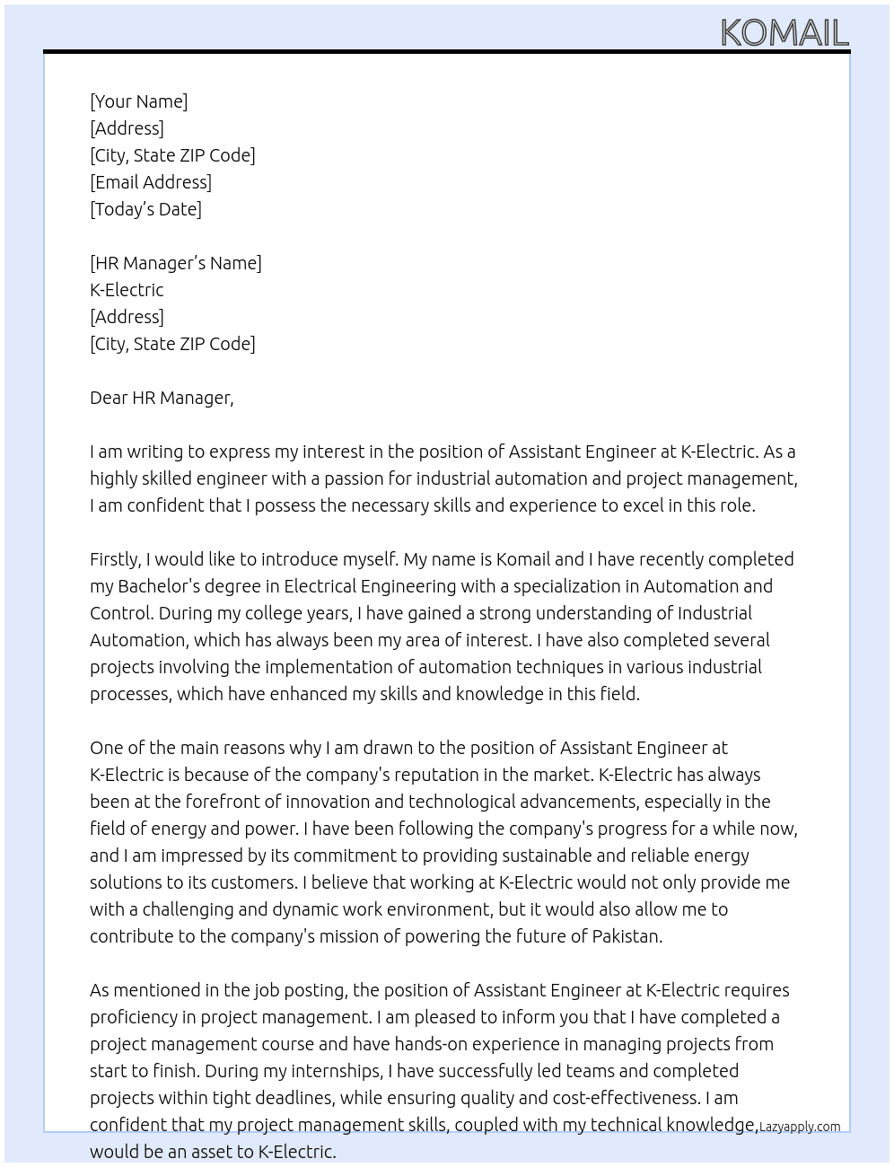 Assistant Engineer At K-Electric Cover Letter