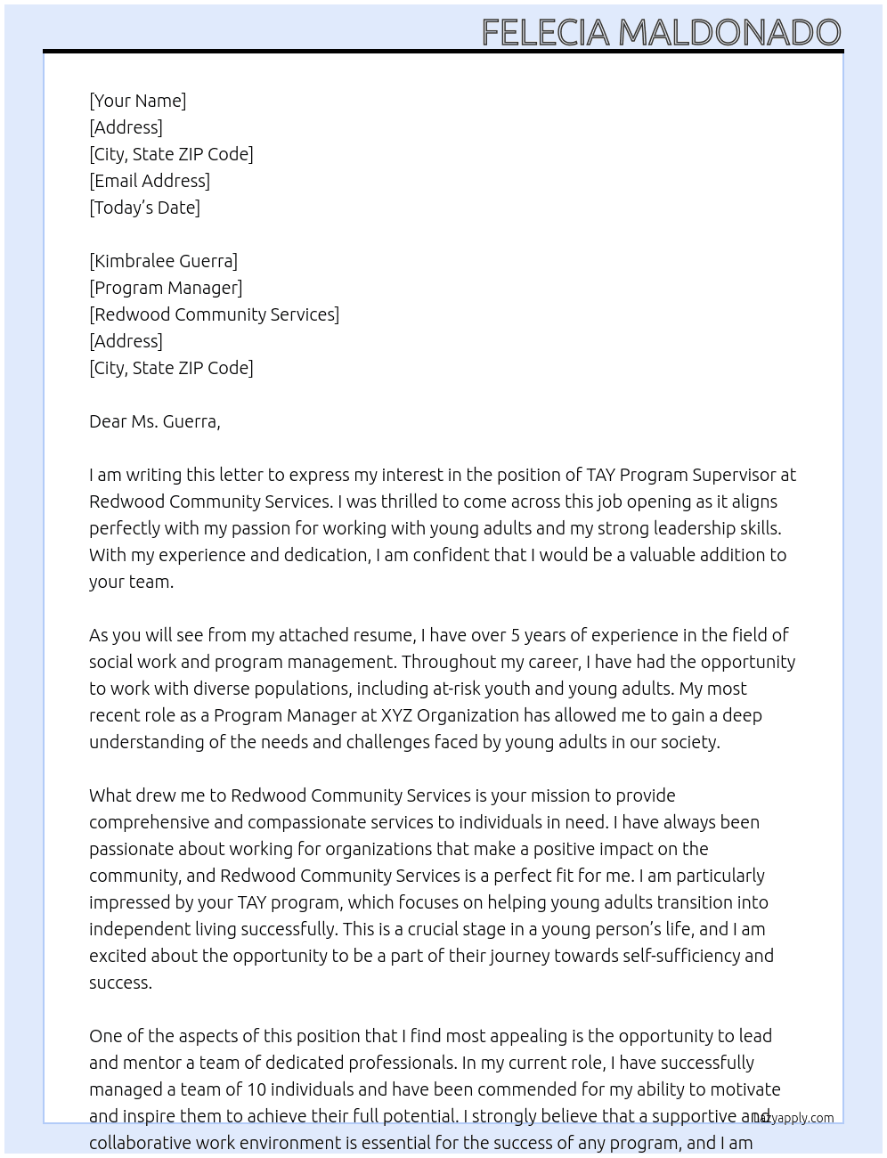 TAY program supervisor  At Redwood Community Services Cover Letter