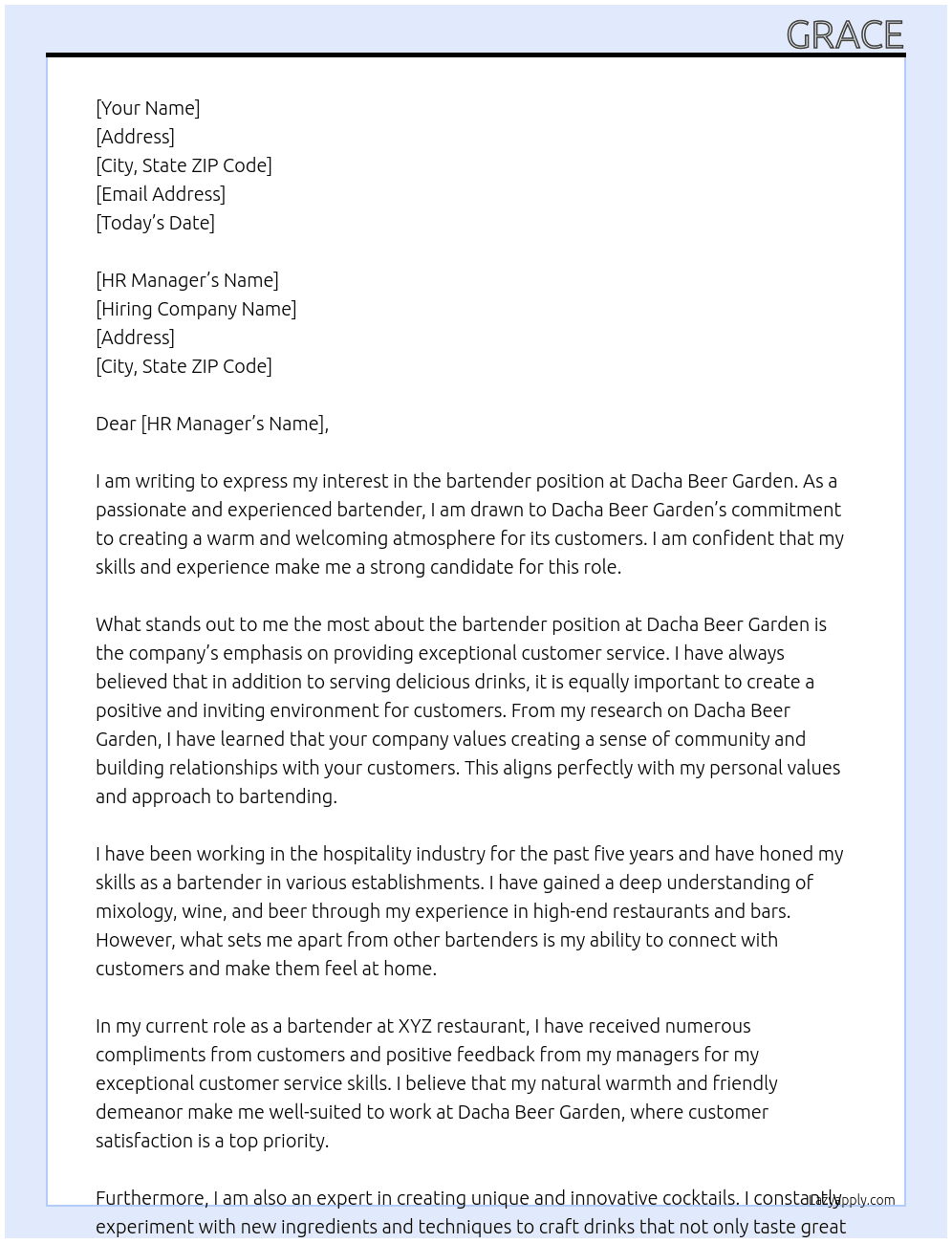 bartender At dacha beer garden Cover Letter