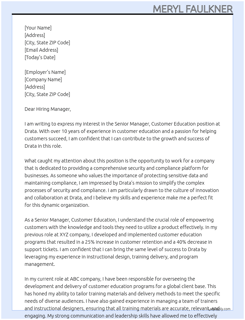 Senior Manager, Customer Education At Drata Cover Letter