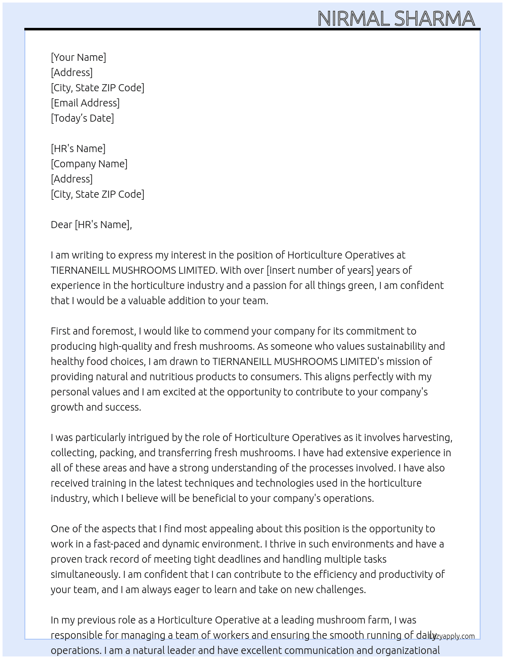 Cover letter for horticulture operatives - LazyApply