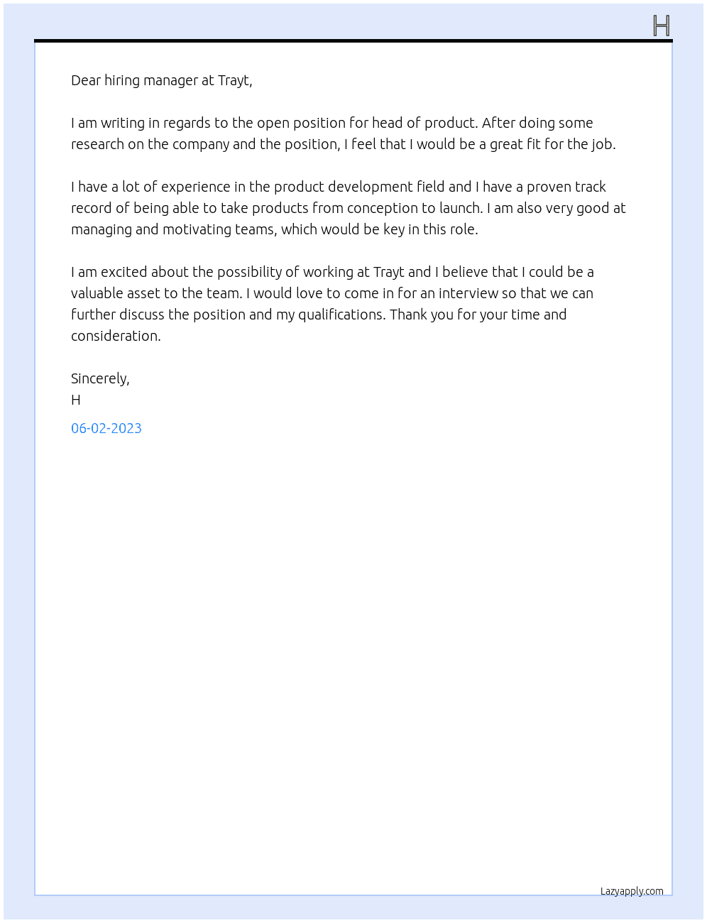 Head of Product At Trayt Cover Letter