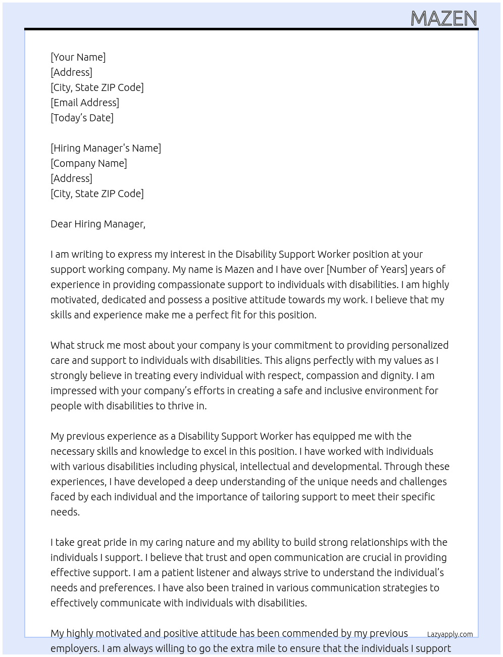 Disability Support worker At your support working company Cover Letter