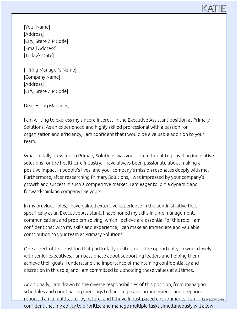 executive assistant At Primary Solutions Cover Letter