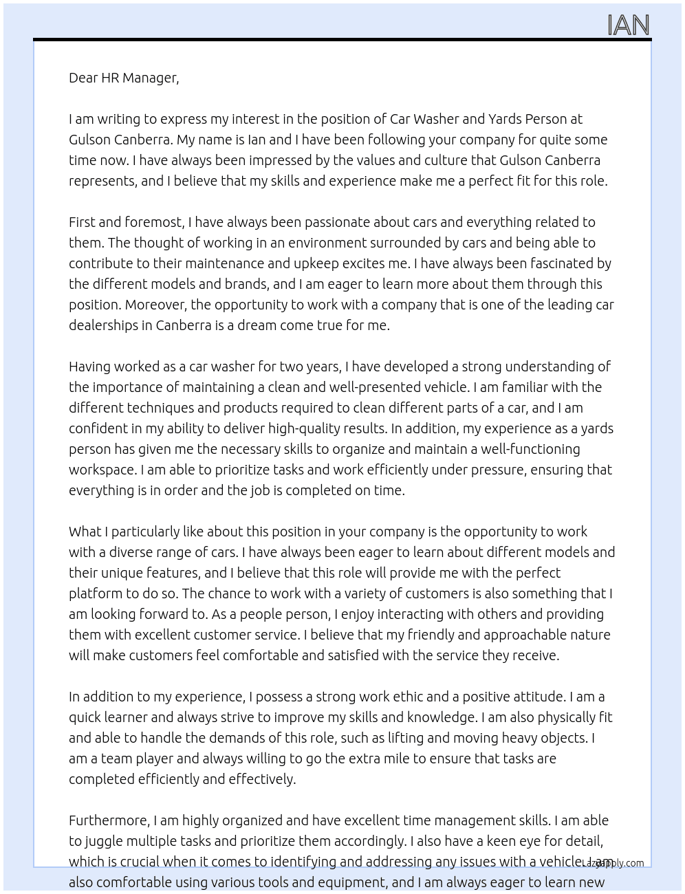 Car Washer and Yards Person At Gulson Canberra Cover Letter