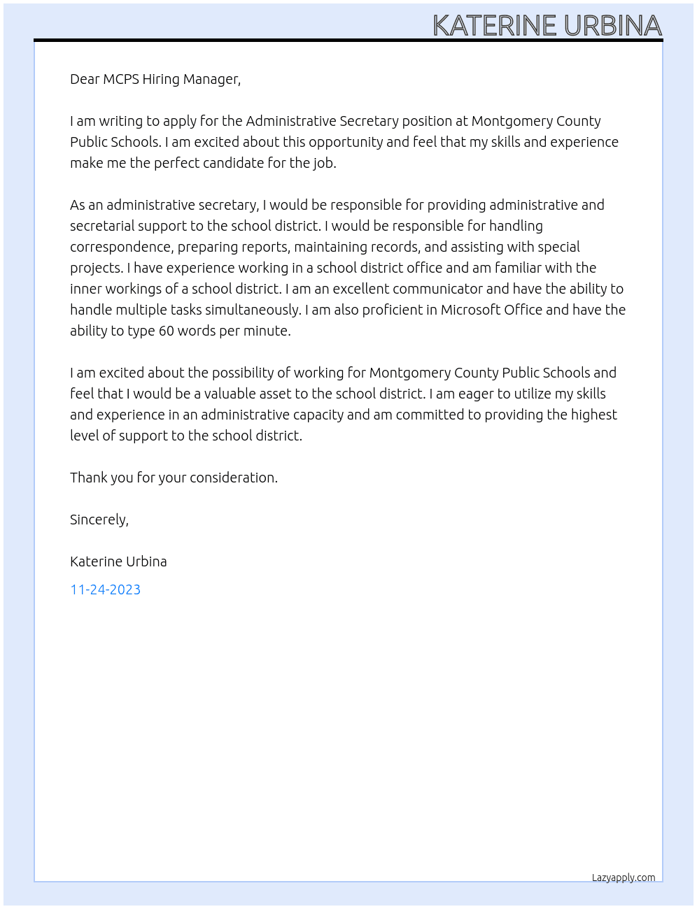 Administrative Secretary At Montgomery County Public Schools Cover Letter
