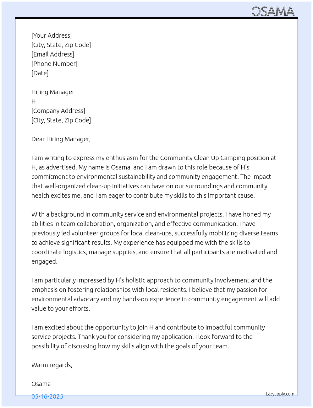 Cover letter for community clean up camping - LazyApply
