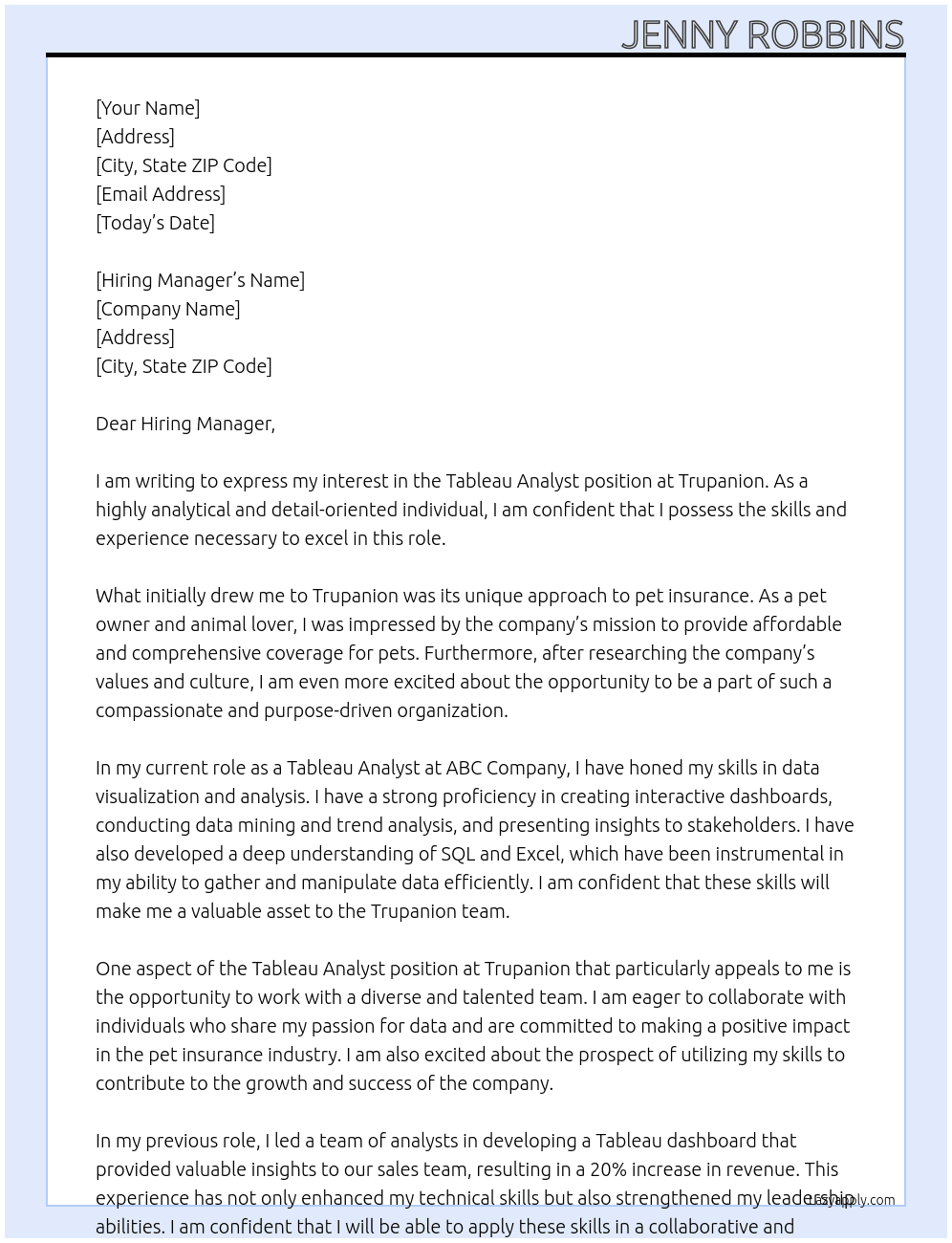 tableau analyst At Trupanion Cover Letter
