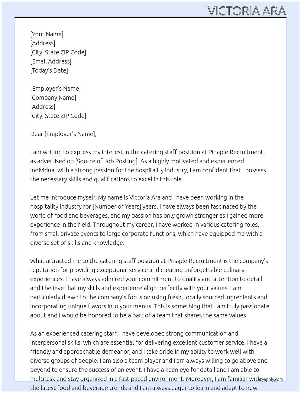 catering staff At Pinaple recruitment Cover Letter