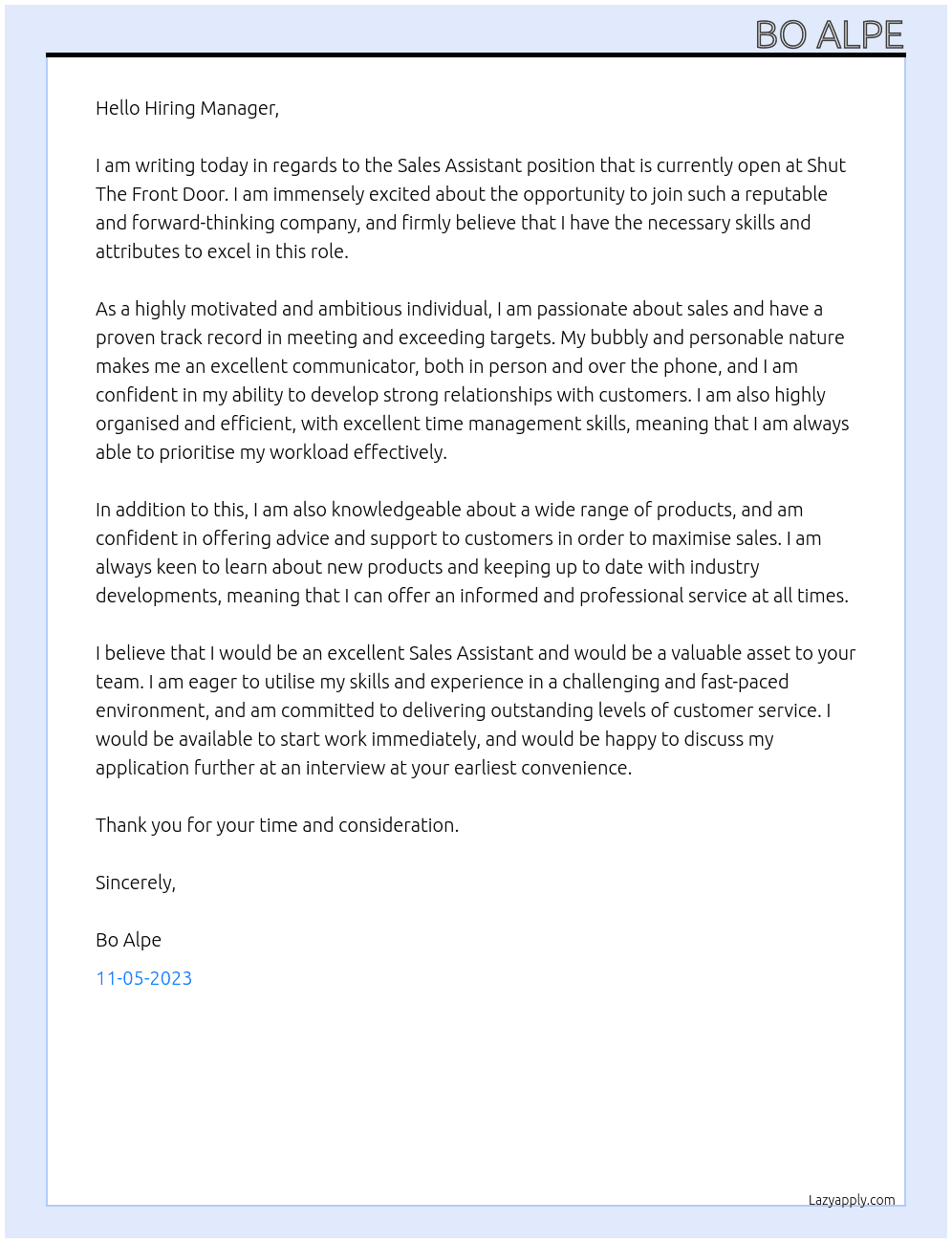 sales assistant  At Shut The Front Door Cover Letter