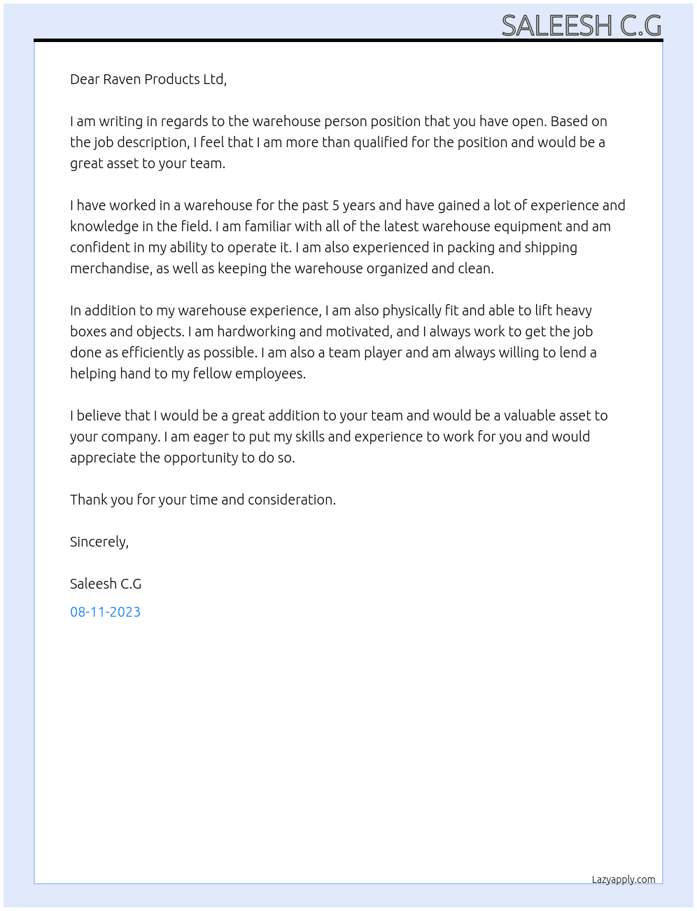 Warehouse person At Raven Products Ltd Cover Letter