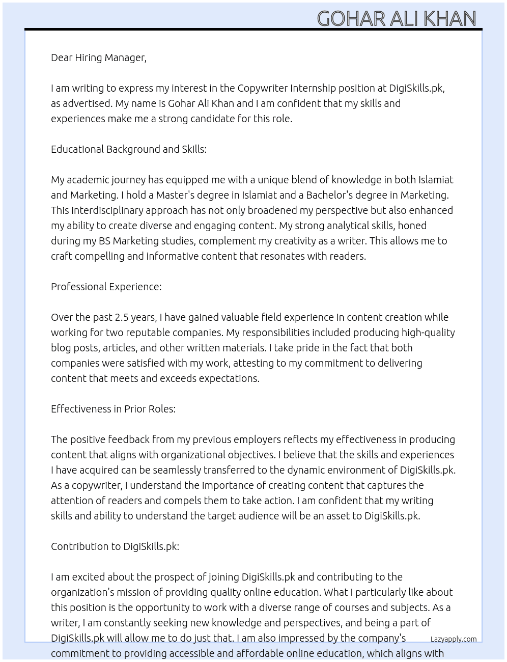 Copywriter  At Digiskills.pk Cover Letter