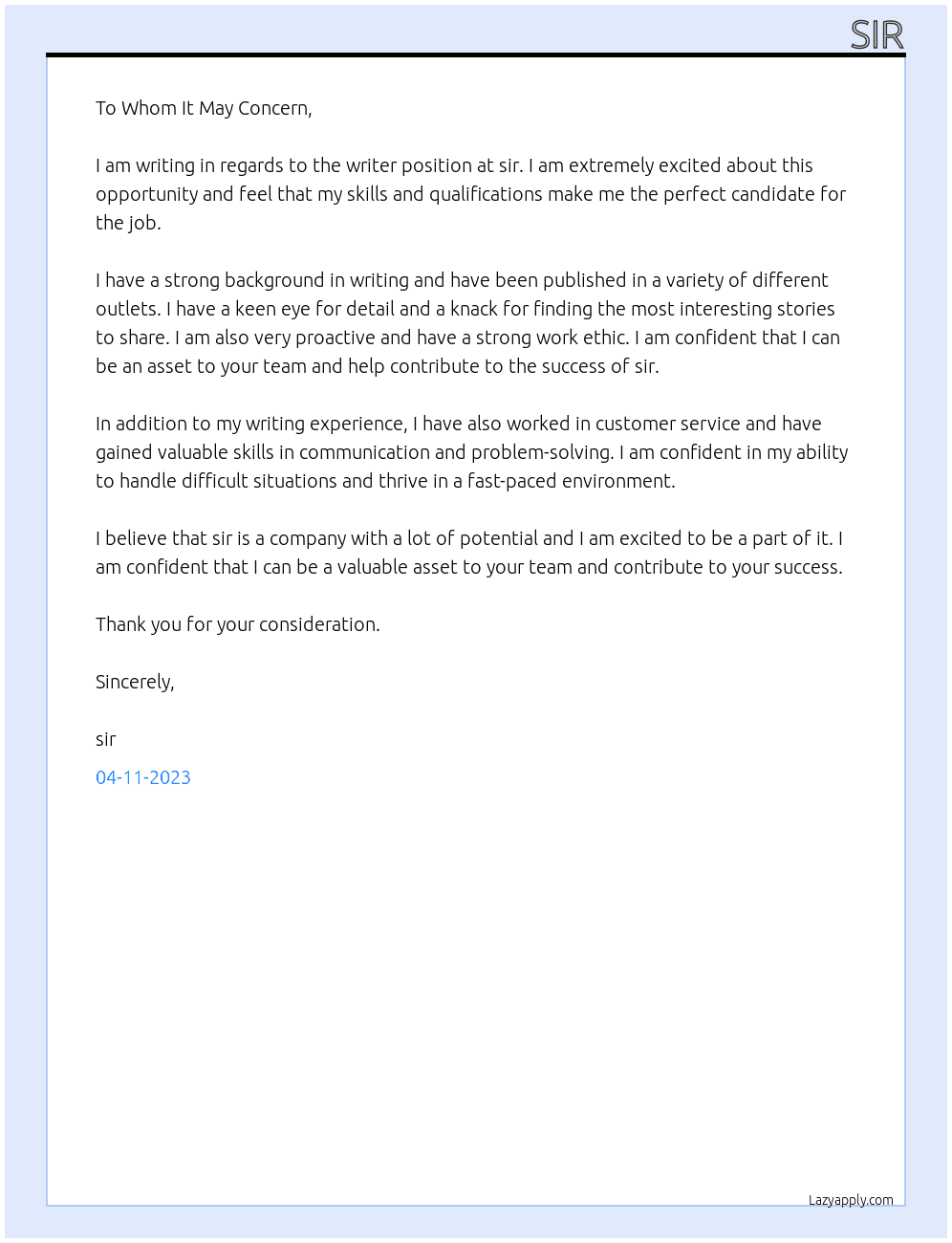 writer At sir Cover Letter