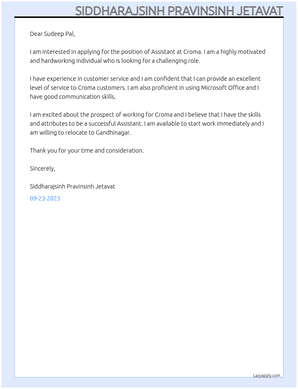 Assistant  At Croma  Cover Letter