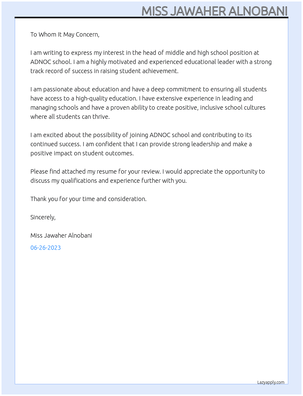 head of middle and high school At ADNOC school Cover Letter