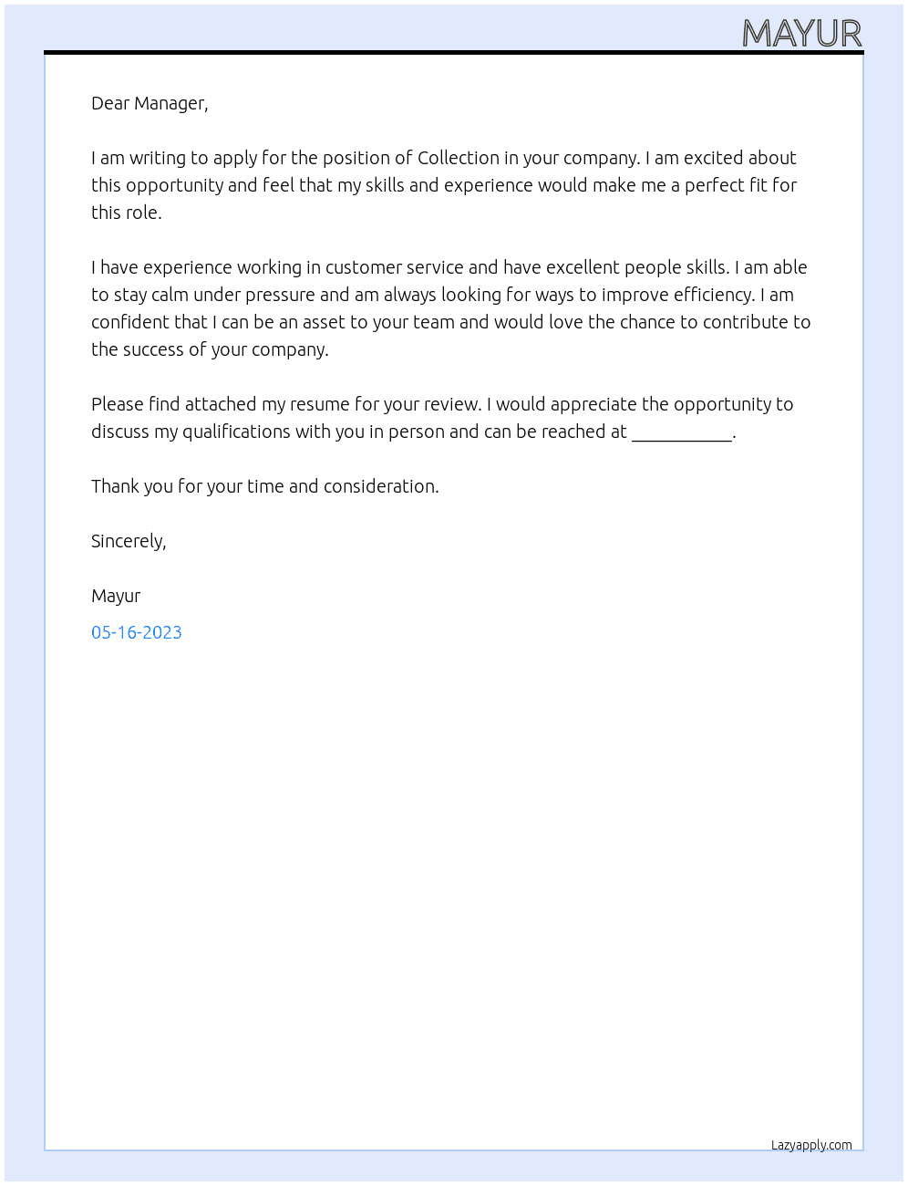 Collection  At Collection  Cover Letter