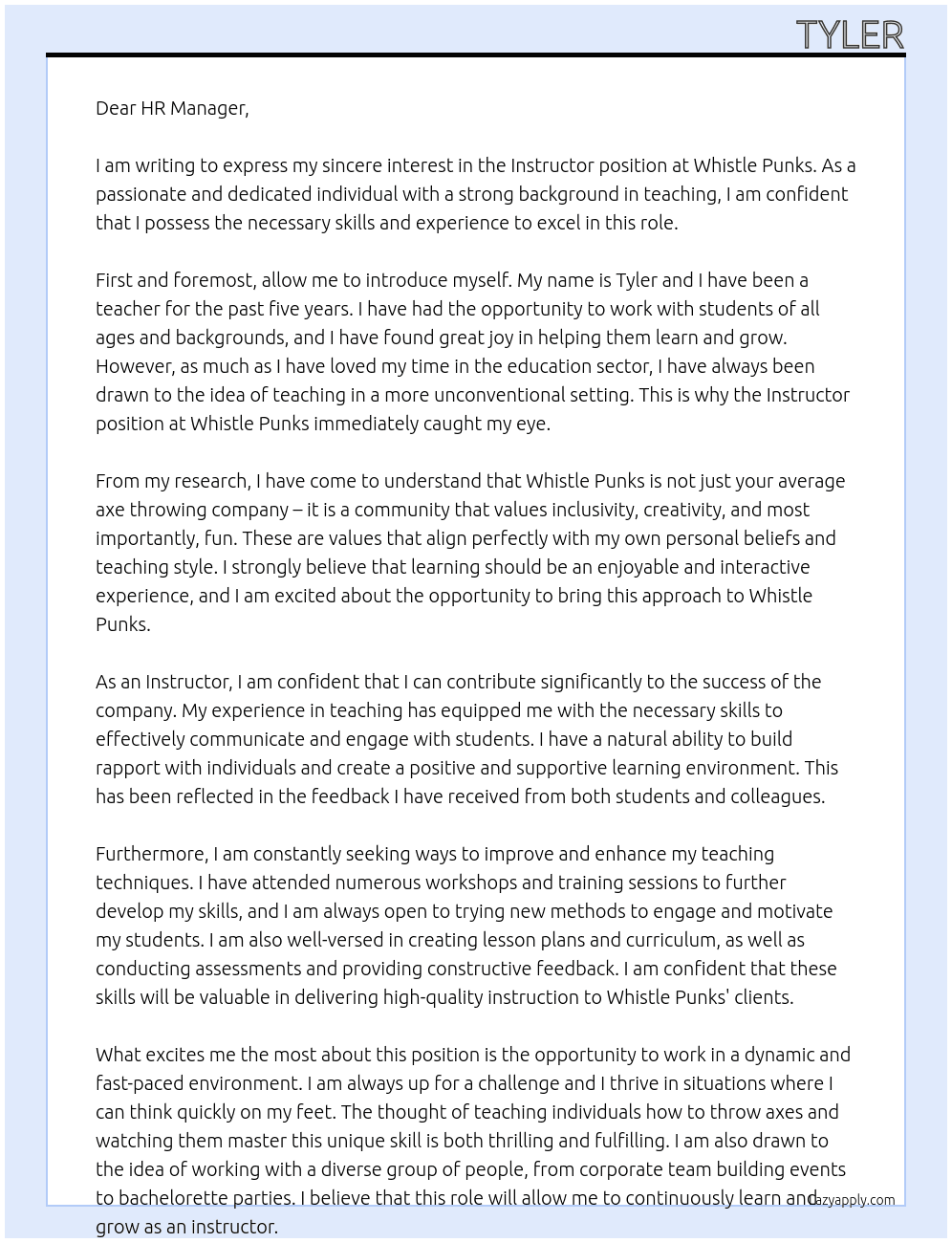 Instructor At Whistle Punks Cover Letter