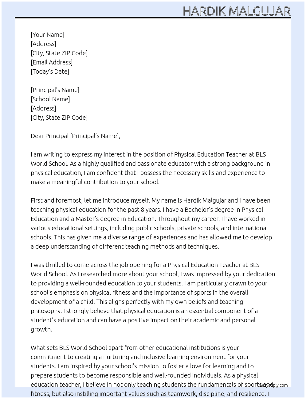 physical Education teacher  At BLS world school  Cover Letter