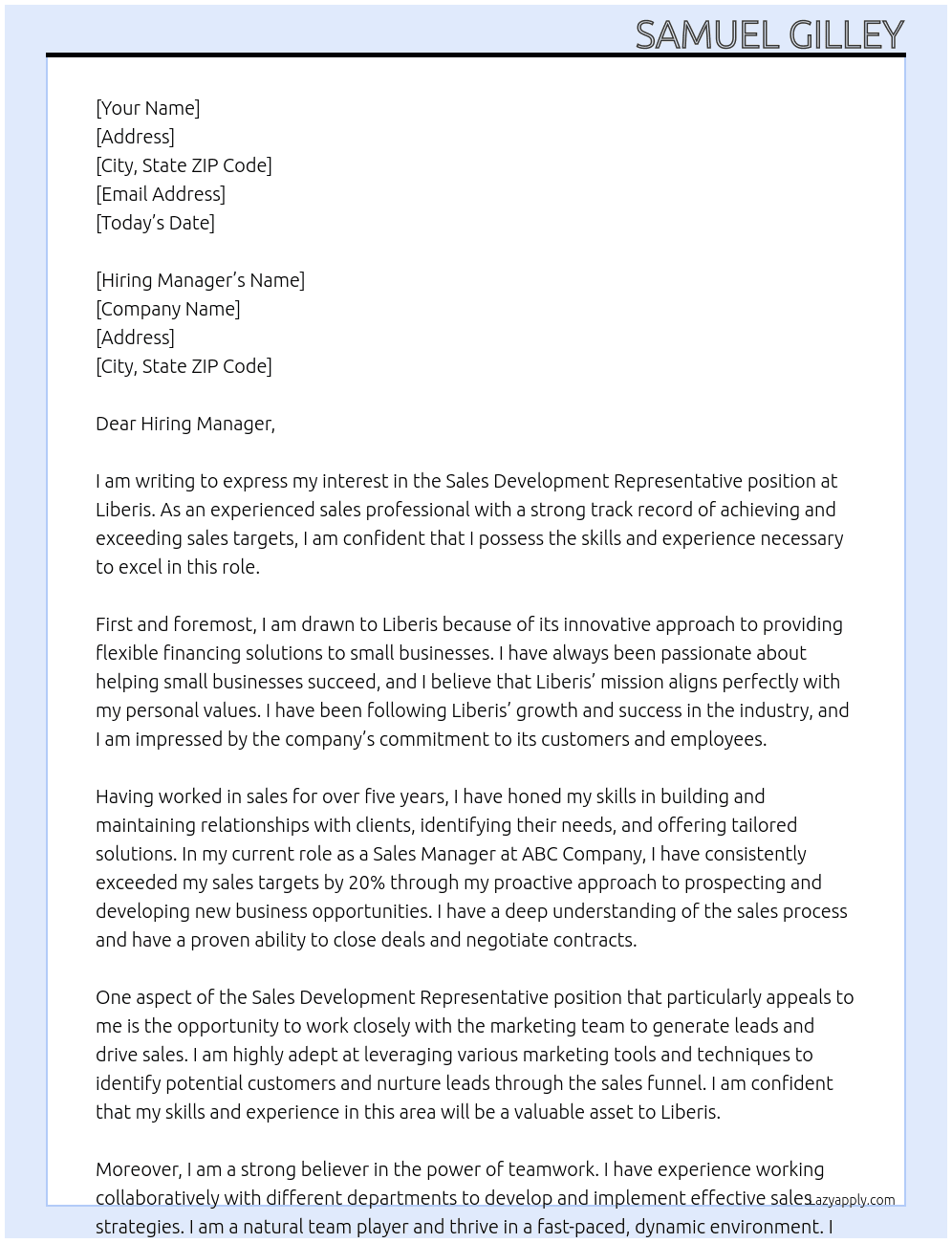 Sales Development Representative At Liberis Cover Letter