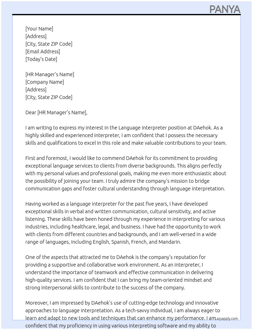 language interpreter  At DAehok Cover Letter