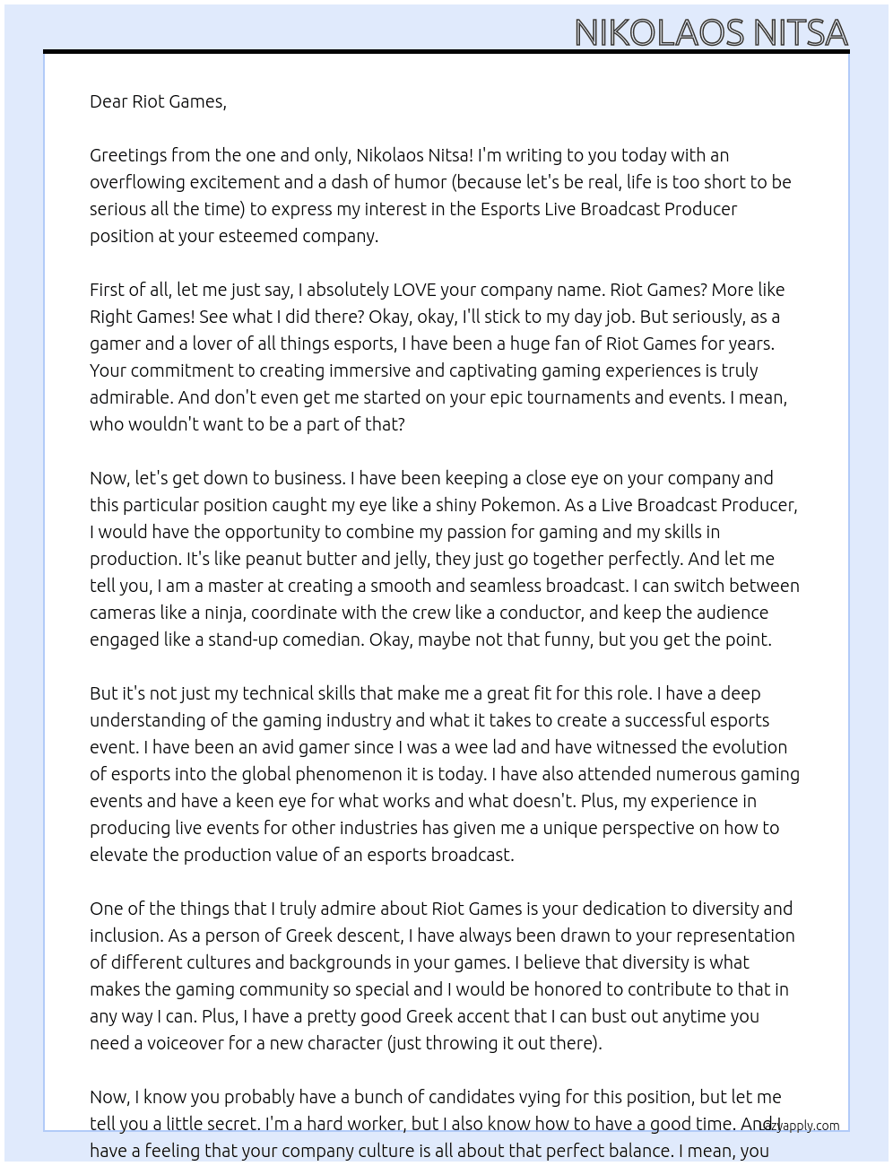 Esports Live Broadcast Producer At Riot Games Cover Letter